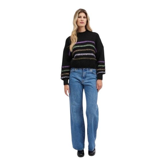 NVLT Stripe Wool Blend Balloon Sleeve Crop sweater in Black NWOT - Picture 5 of 5